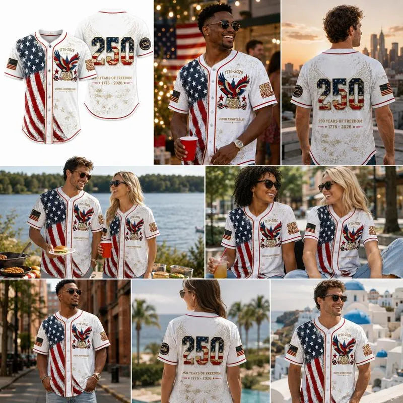 Men's USA 250th Anniversary Baseball Jersey Patriotic American Flag Eagle Button Down Shirt 1776-2026