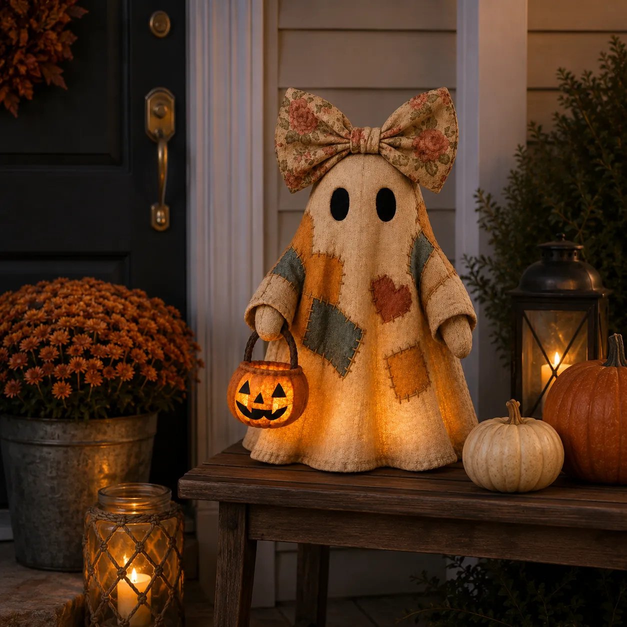 🍂 Vintage Patchwork Light-Up Ghost with Glowing Pumpkin Pail