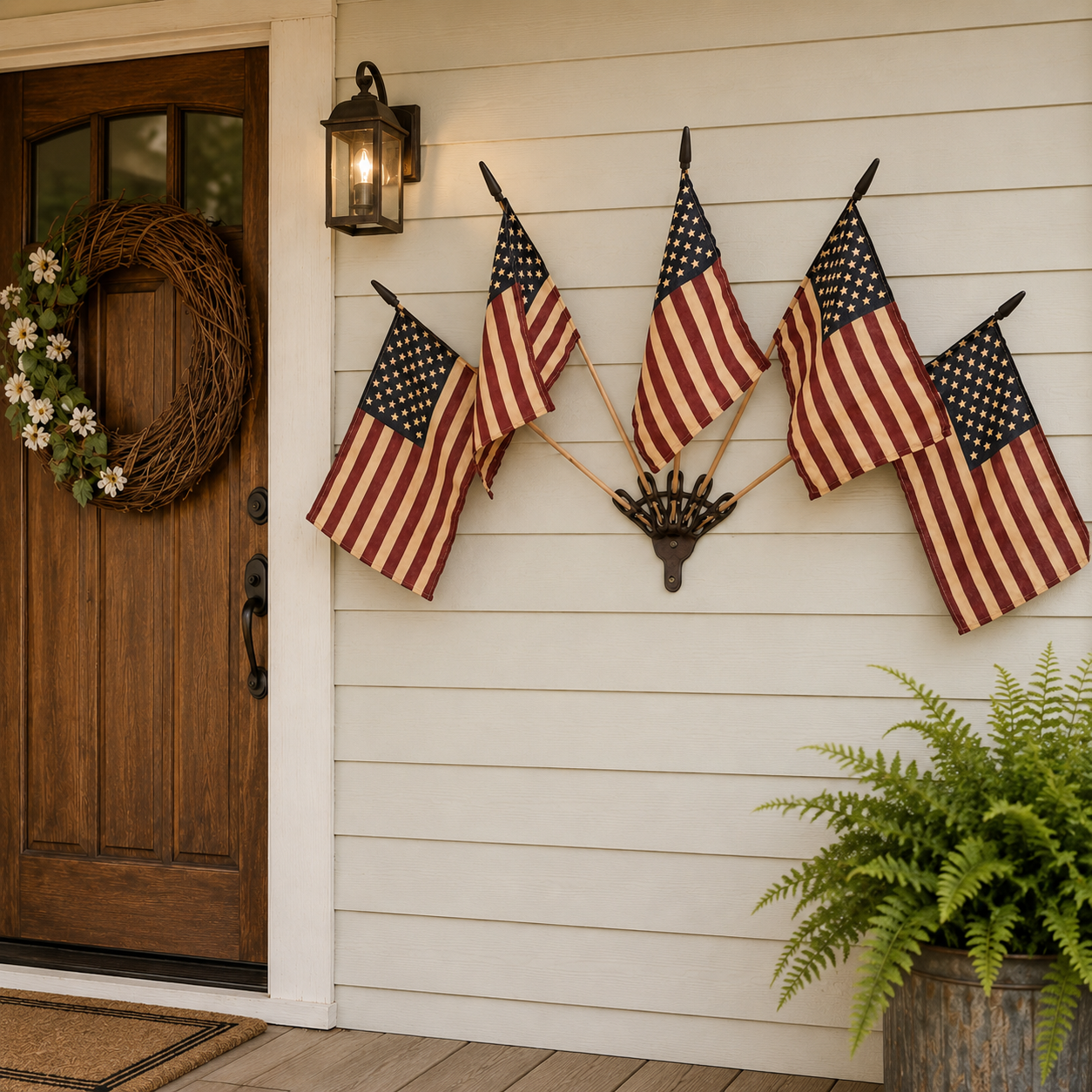 🦅⭐Vintage Tea-Stained 5-Flag Fan Cast Iron Wall Decor | 🔥Classic Americana Rustic Patriotic Wall Hanging 🇺🇸