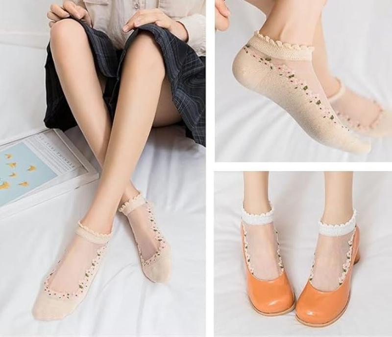 🌸5 Pairs Womens Sheer Floral Mesh Ankle Socks