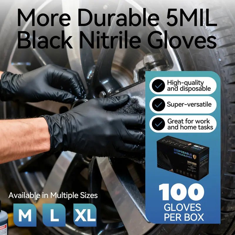 Black Nitrile Gloves, 6mil Heavy Duty Soft Disposable Gloves, 100 Count Latex Free Powder Free Reusable