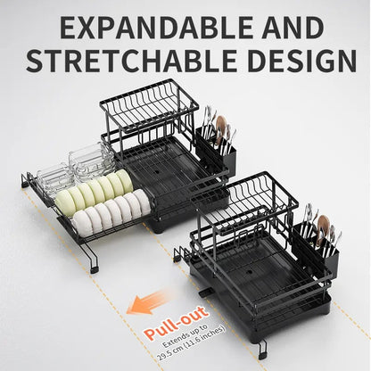 Foldable Over Sink Dish Drying Rack|Pull-Out 2-Tier Dish Drainer with Utensil Holder