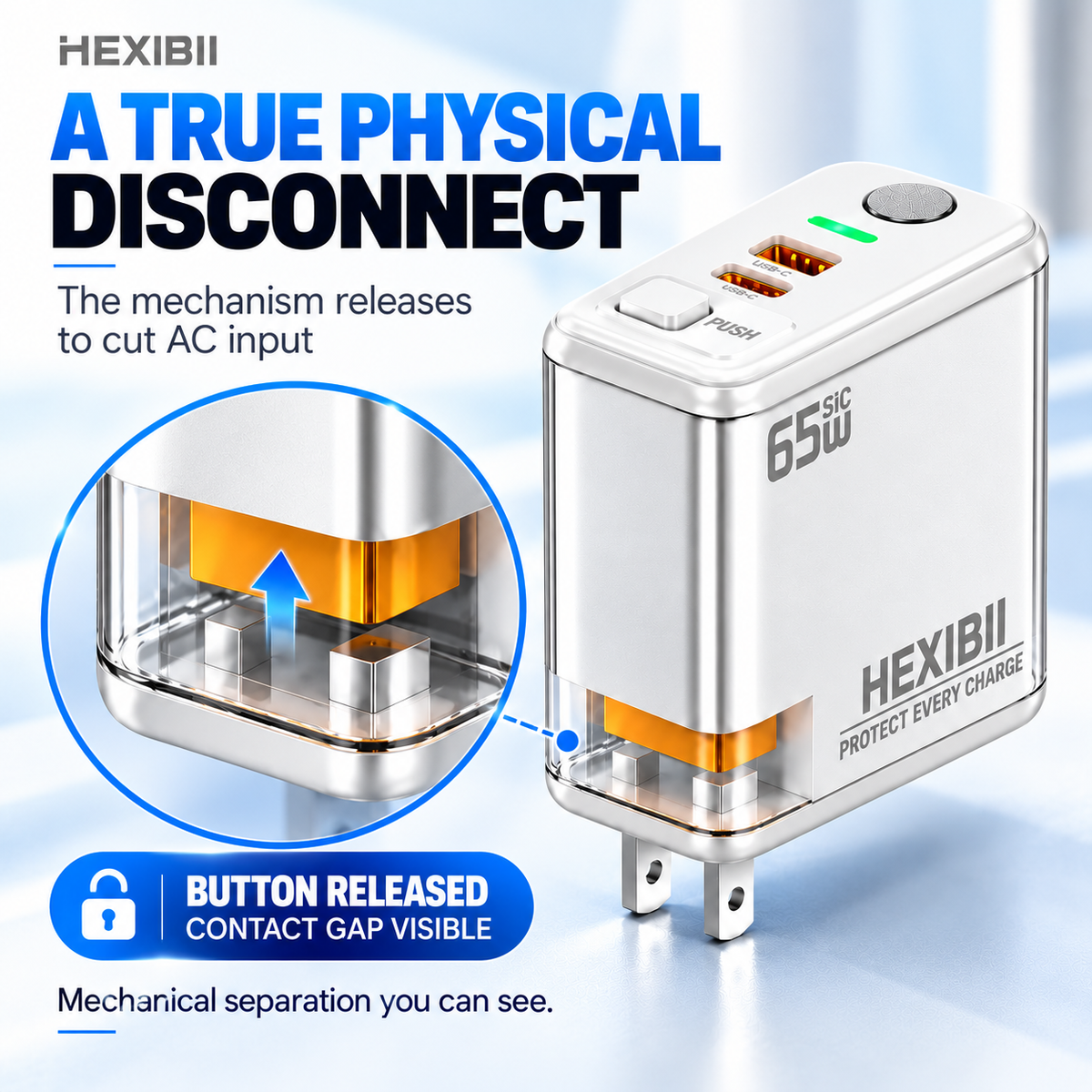⚡ 65W SiC Smart Auto Power-Off Charger – USB-C + USB-A Fast Charging with Physical Cut-Off