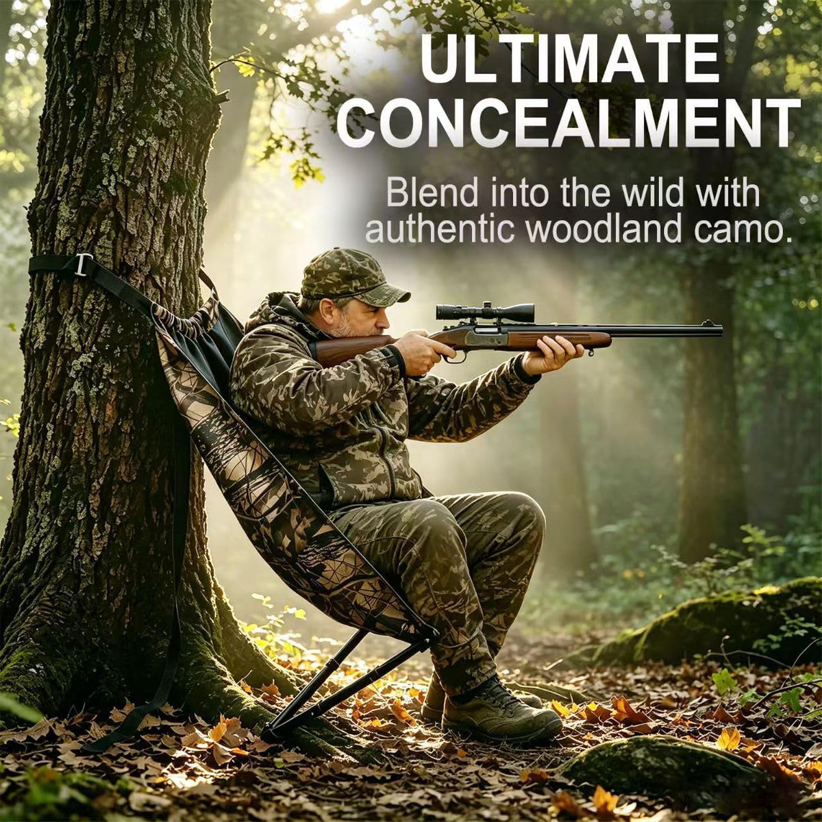 Portable Hunting Chair, Adjustable Silent Swivel Seat & Ground Seat