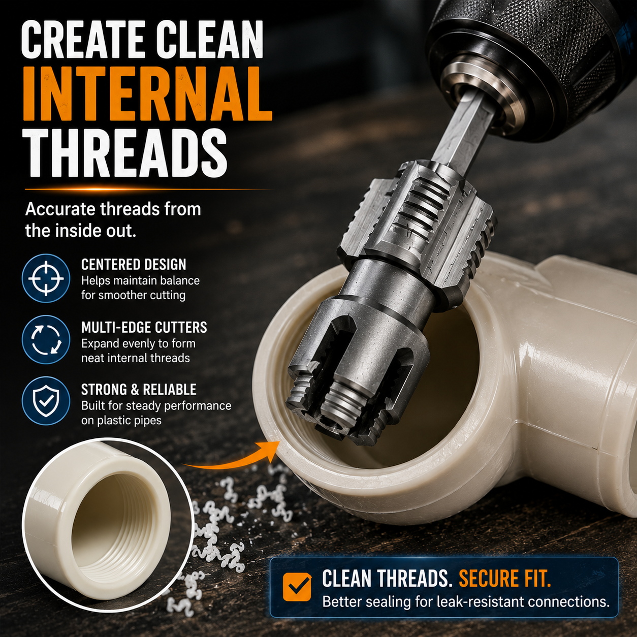 Drill-Powered Pipe Thread Cutting Bit — Internal & External Threading for 1/2" & 3/4" Plastic Pipes