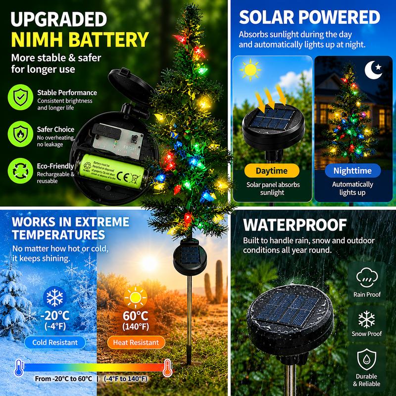 Solar Christmas tree stake lights arranged along a festive walkway