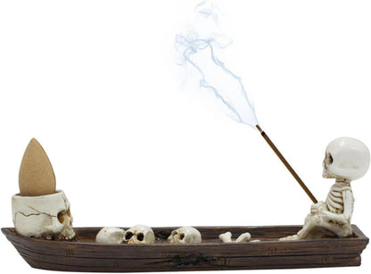 Skull Backflow Incense Holder Burner, Holder Skull in Fishing Boat of Skulls Decorative