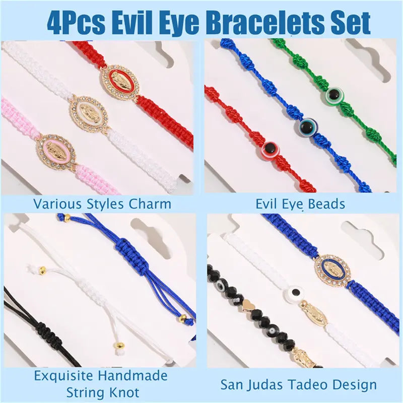 Men's & Women's 4-Piece Braided Strings Charm Bracelets Set with Rhinestones