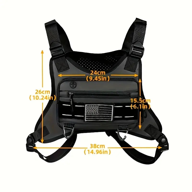Black Unisex Tactical Chest Vest - Gorpcore Accessory with American Flag Patch, Ample Space