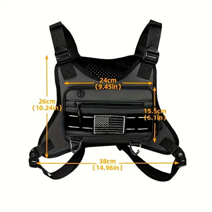 Black Unisex Tactical Chest Vest - Gorpcore Accessory with American Flag Patch, Ample Space