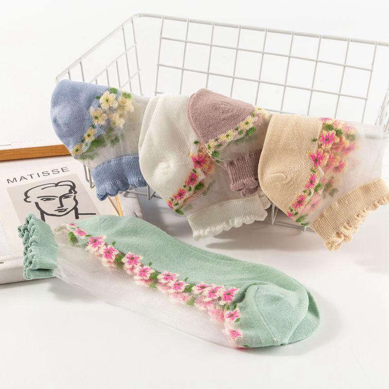 🌸5 Pairs Womens Sheer Floral Mesh Ankle Socks