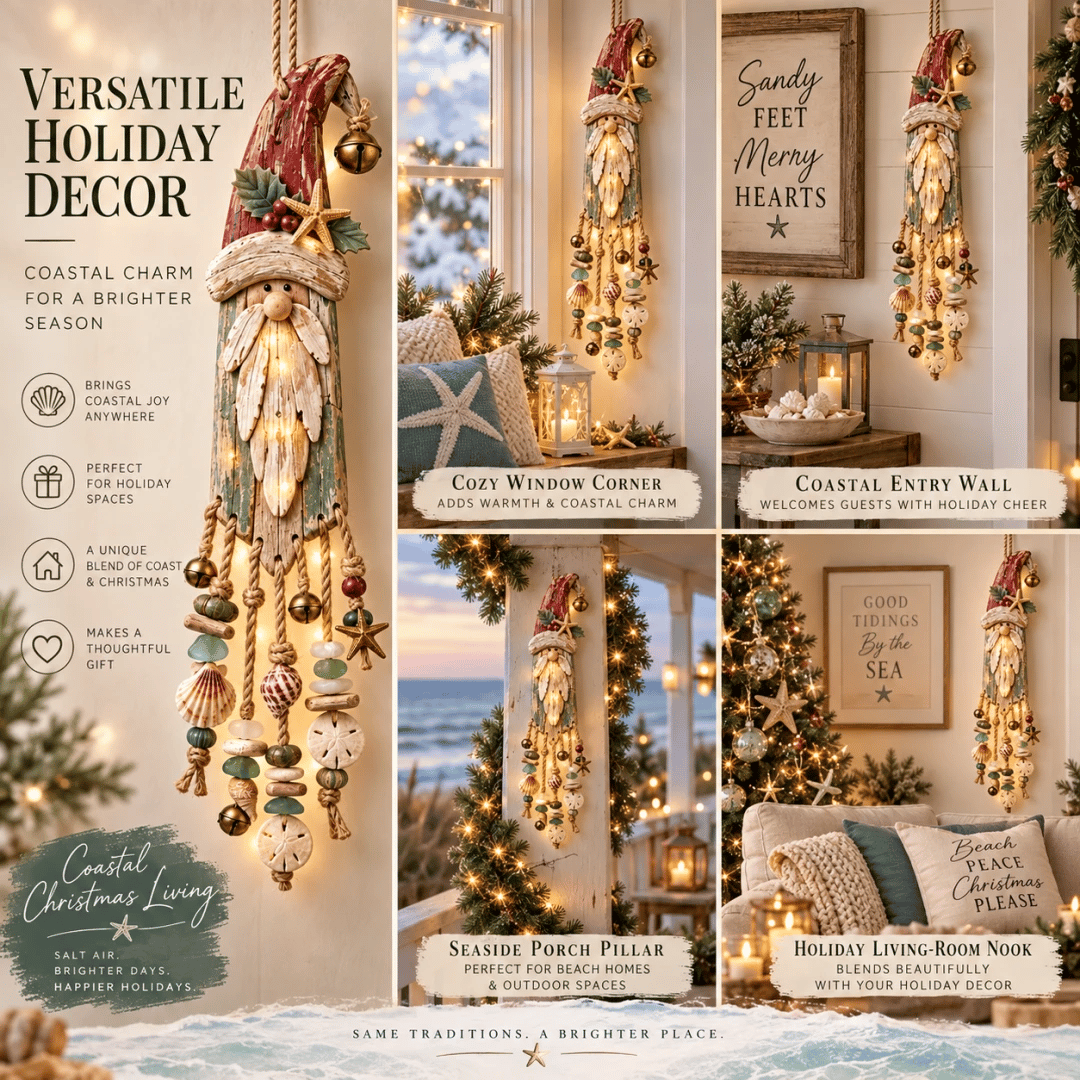Vintage Coastal Santa Lighted Wall Decor – Beach House Christmas Hanging with Starfish, Shells & Warm Glow