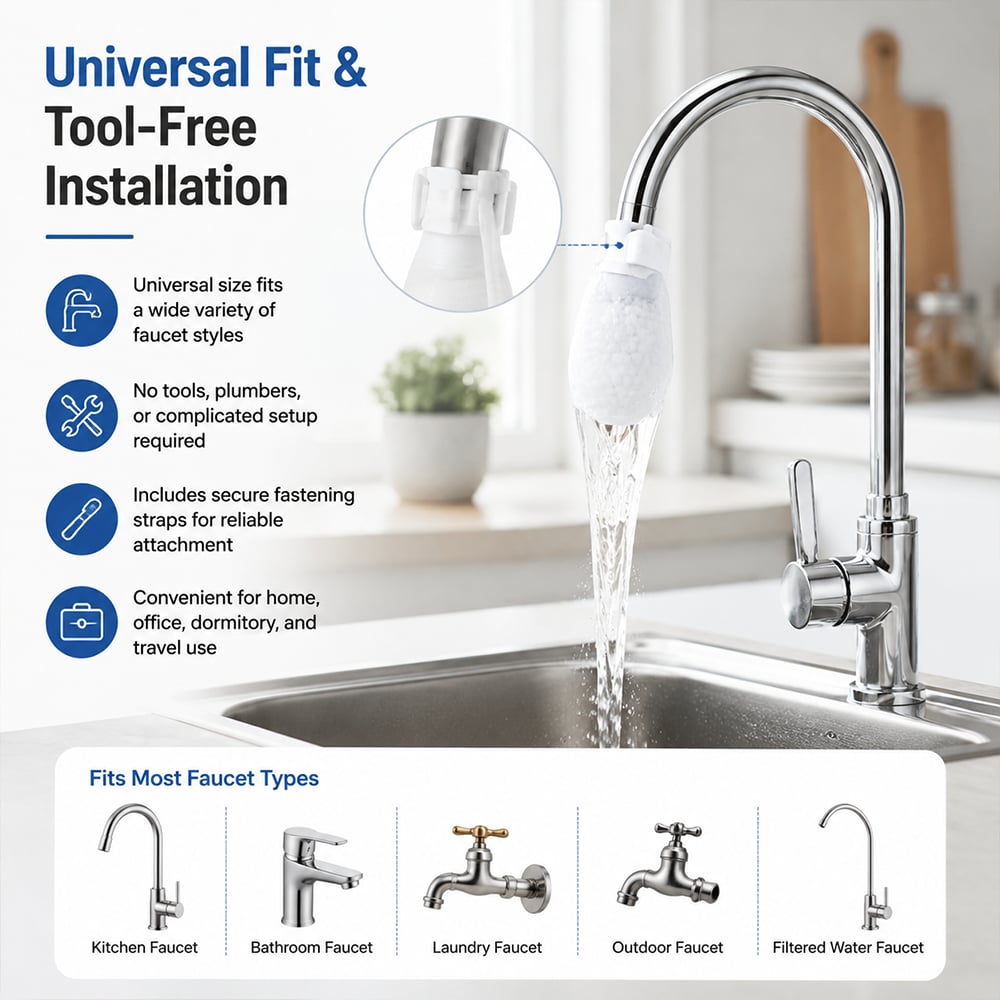 Universal faucet fit and tool-free installation