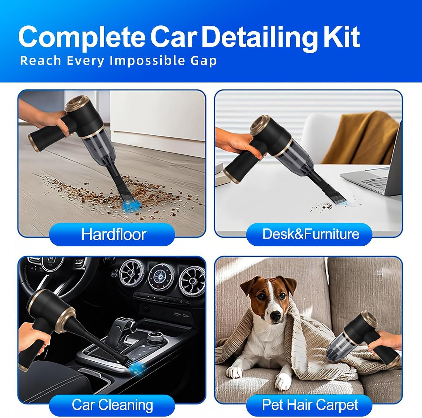 15kPa Car Vacuum, Handheld Vacuum Cordless with Blow & Suction, Heavy-Duty Cordless Vacuum Cleaners for Car Detailing, Pet Hair and Office, Portable Cordless Vacuum Cleaner with Washable Filter