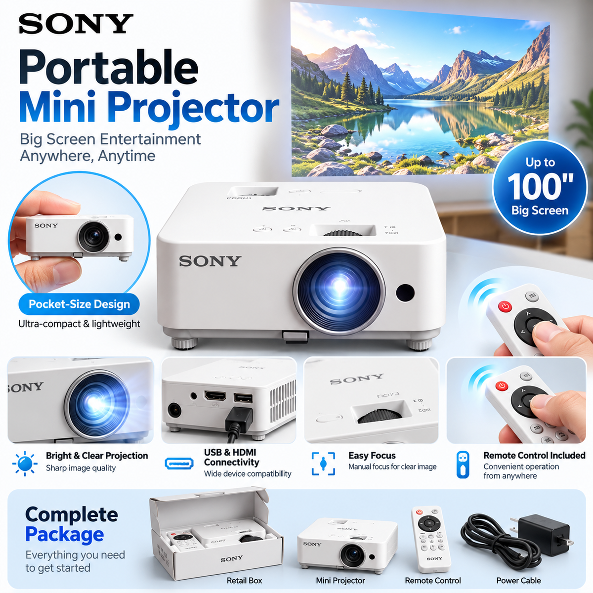 🎬 Portable Mini Projector 📽️ – 100" Big Screen, HDMI & USB, Remote Control Included