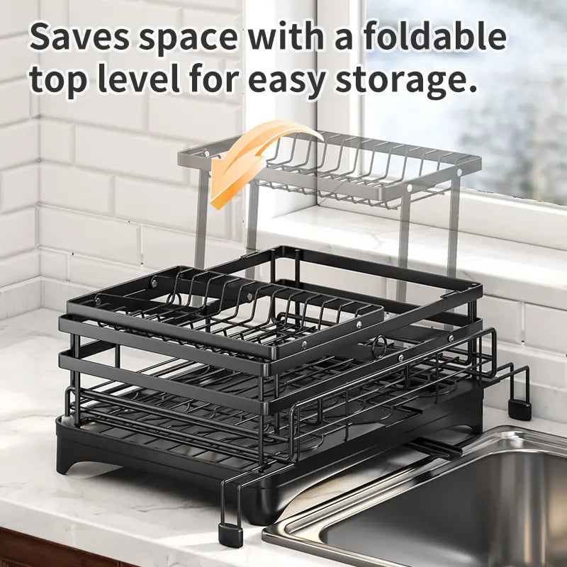 Foldable Over Sink Dish Drying Rack|Pull-Out 2-Tier Dish Drainer with Utensil Holder