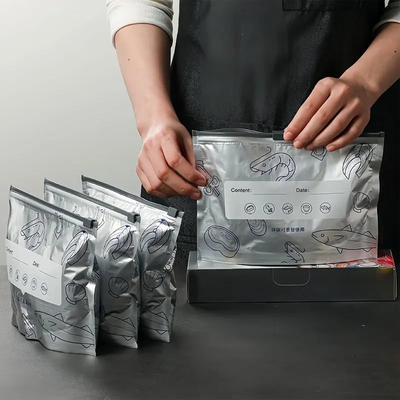 Reusable Aluminum Foil Sealable Storage Bags, 2025 New Resealable Vacuum Zipper Pouches for Food, Stand Up Foil Sealable Bags with Label and Zip Lock for Vegetable Fruit Meat