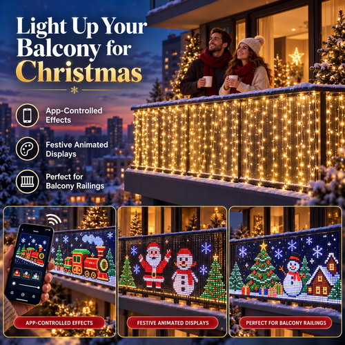 🎄 Smart RGB Pixel Balcony Lights – App-Controlled Animated Holiday Display for Balcony & Window Decor-2m*2m