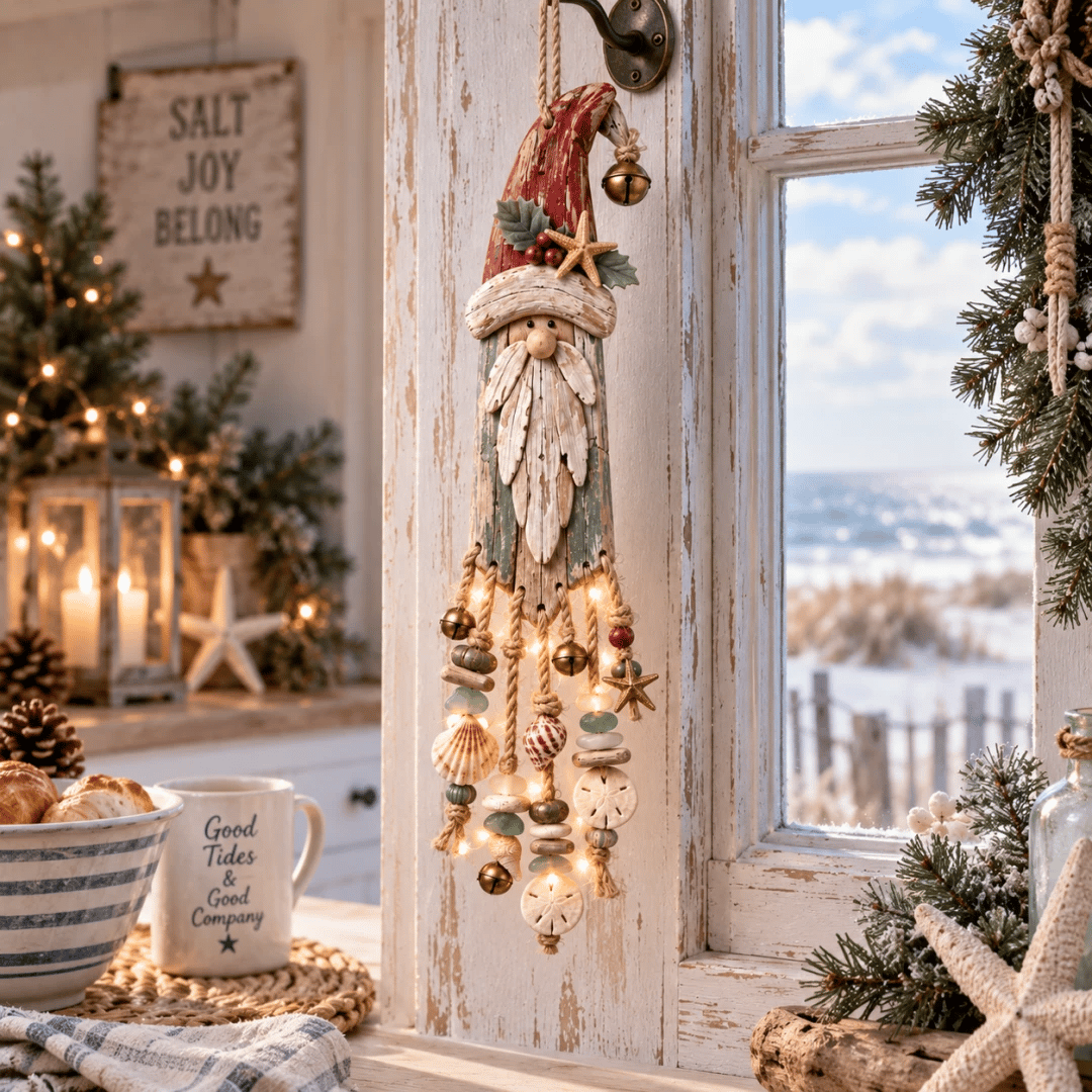 Vintage Coastal Santa Lighted Wall Decor – Beach House Christmas Hanging with Starfish, Shells & Warm Glow