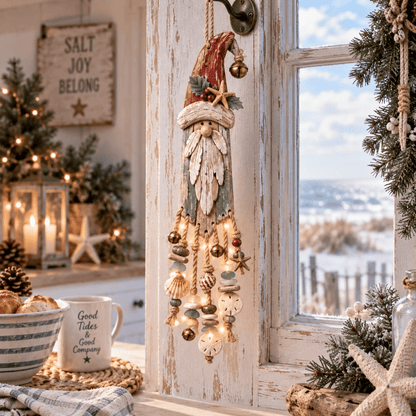 Vintage Coastal Santa Lighted Wall Decor – Beach House Christmas Hanging with Starfish, Shells & Warm Glow