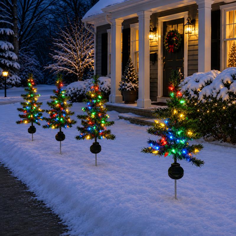 Four solar strawberry LED Christmas tree pathway lights glowing outdoors