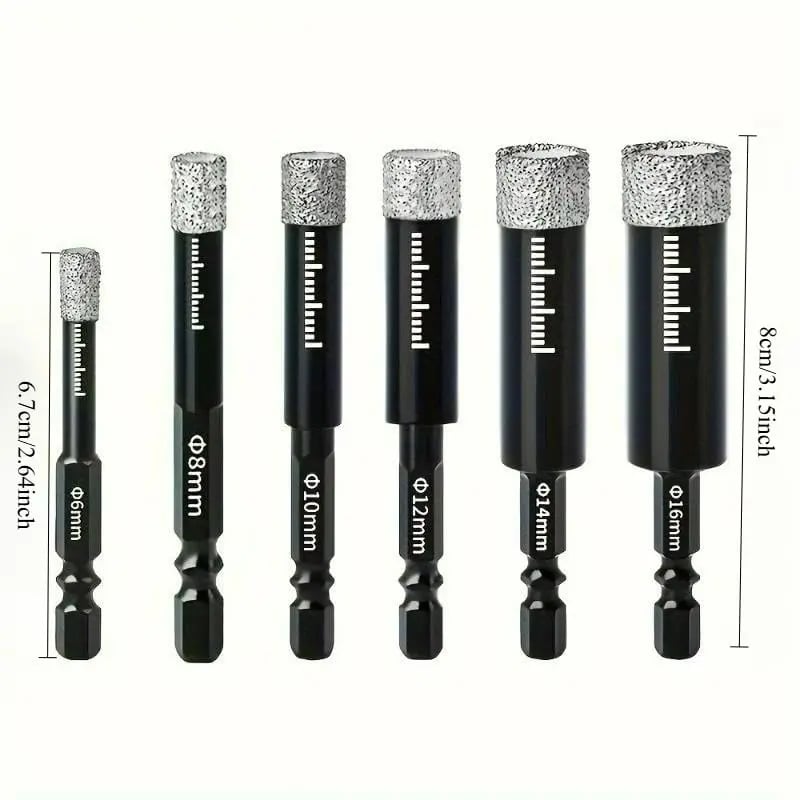 🔥42% OFF | 6Pcs Dry Diamond Drill Bit Set 🛠 Hex Shank Brazed Hole Saw for Tile, Glass & Granite