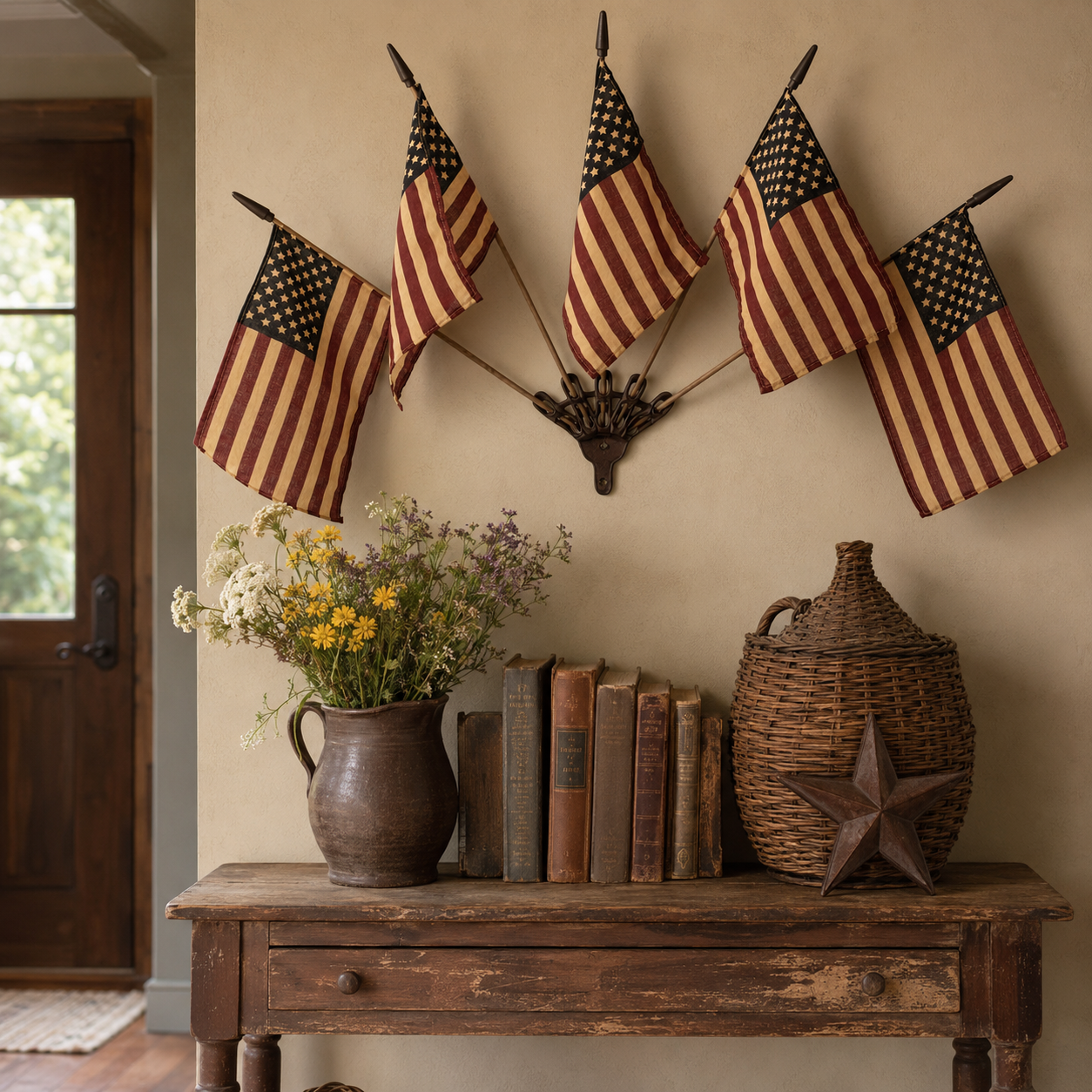 🦅⭐Vintage Tea-Stained 5-Flag Fan Cast Iron Wall Decor | 🔥Classic Americana Rustic Patriotic Wall Hanging 🇺🇸