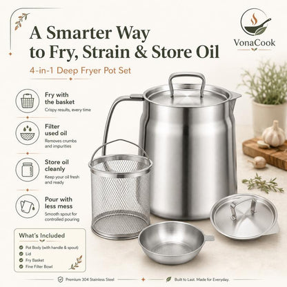 🍳304 Stainless Steel Deep Fryer Pot with Basket & Oil Strainer✨