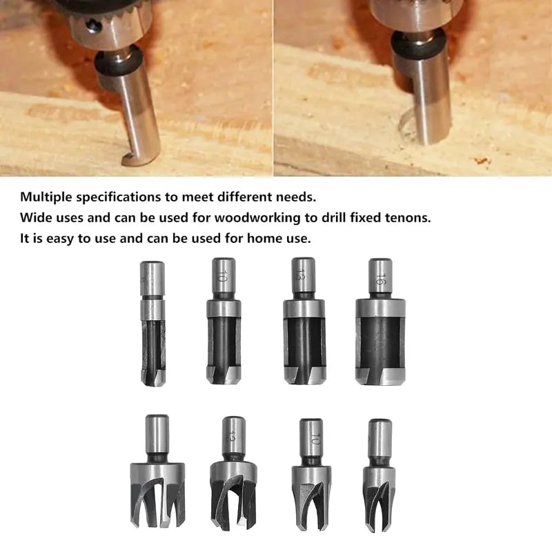 8Pcs Wood Plug Cutter Drill Bit Set | Straight & Tapered Wood Hole Plug Making Bits