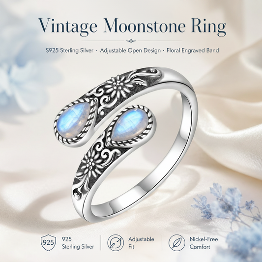 Moonstone Bloom Ring | Vintage Style • Adjustable Fit • Timeless Elegance