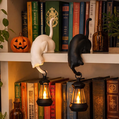 🐈‍Whimsical Cat Shelf Sitter with LED Lantern – Cute Bookshelf Decor & Handy Key Hook