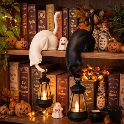 🐈‍Whimsical Cat Shelf Sitter with LED Lantern – Cute Bookshelf Decor & Handy Key Hook