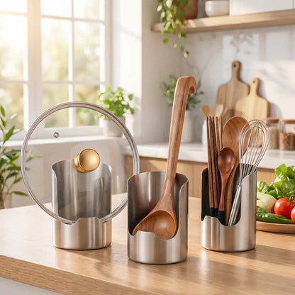 Stainless Steel Utensil Holder & Pot Lid Organizer – Rust-Proof, Drain Notch Design, Easy to Clean