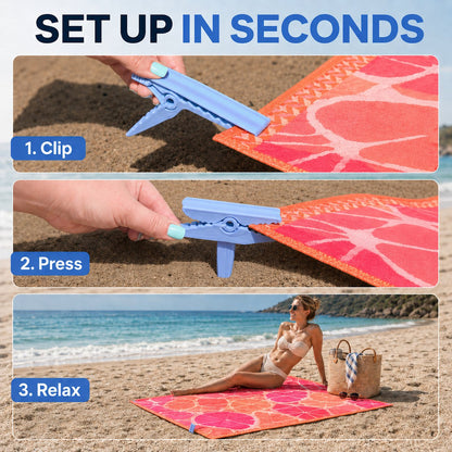 🏖️ Beach Towel & Blanket Anchor Clips – 4-Pack Windproof Sand Stakes for Beach, Camping & Picnics