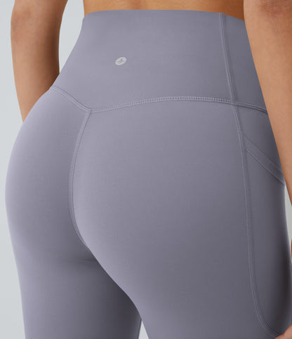Close-up of the wide high-rise waistband and scrunch back seam on Celeste L'Amour Falling Gray Purple leggings