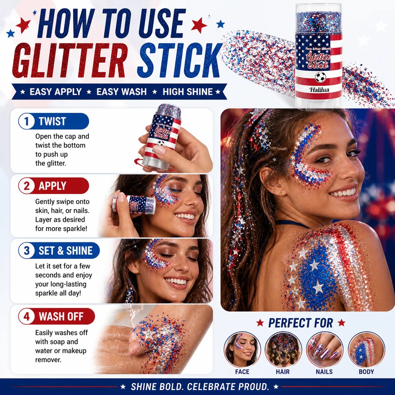 🦅4th of July Glitter Stick✨🔔Red, White & Blue Body & Hair Sparkle🔔