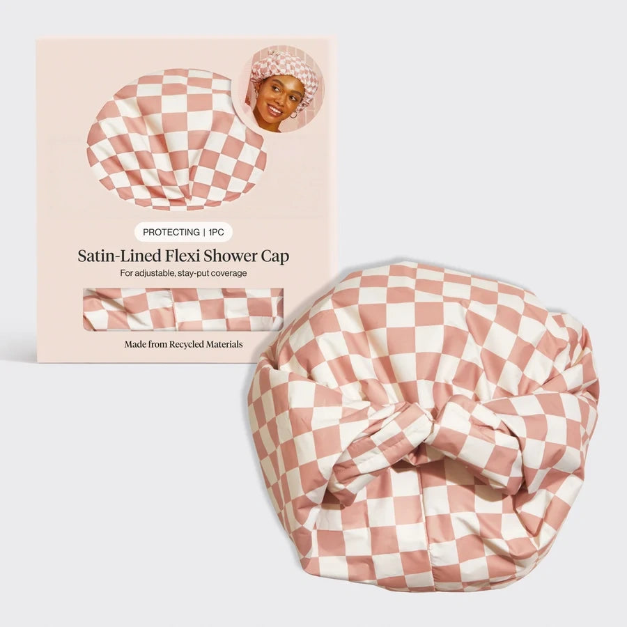 Gingham Blue Satin Lined Flexi Shower Cap