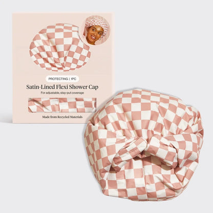 Gingham Blue Satin Lined Flexi Shower Cap