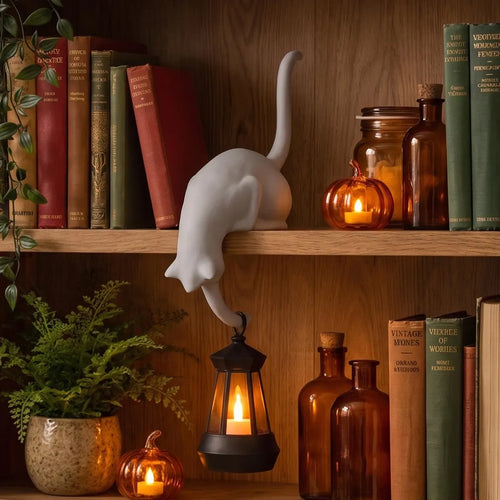 🐈‍Whimsical Cat Shelf Sitter with LED Lantern – Cute Bookshelf Decor & Handy Key Hook