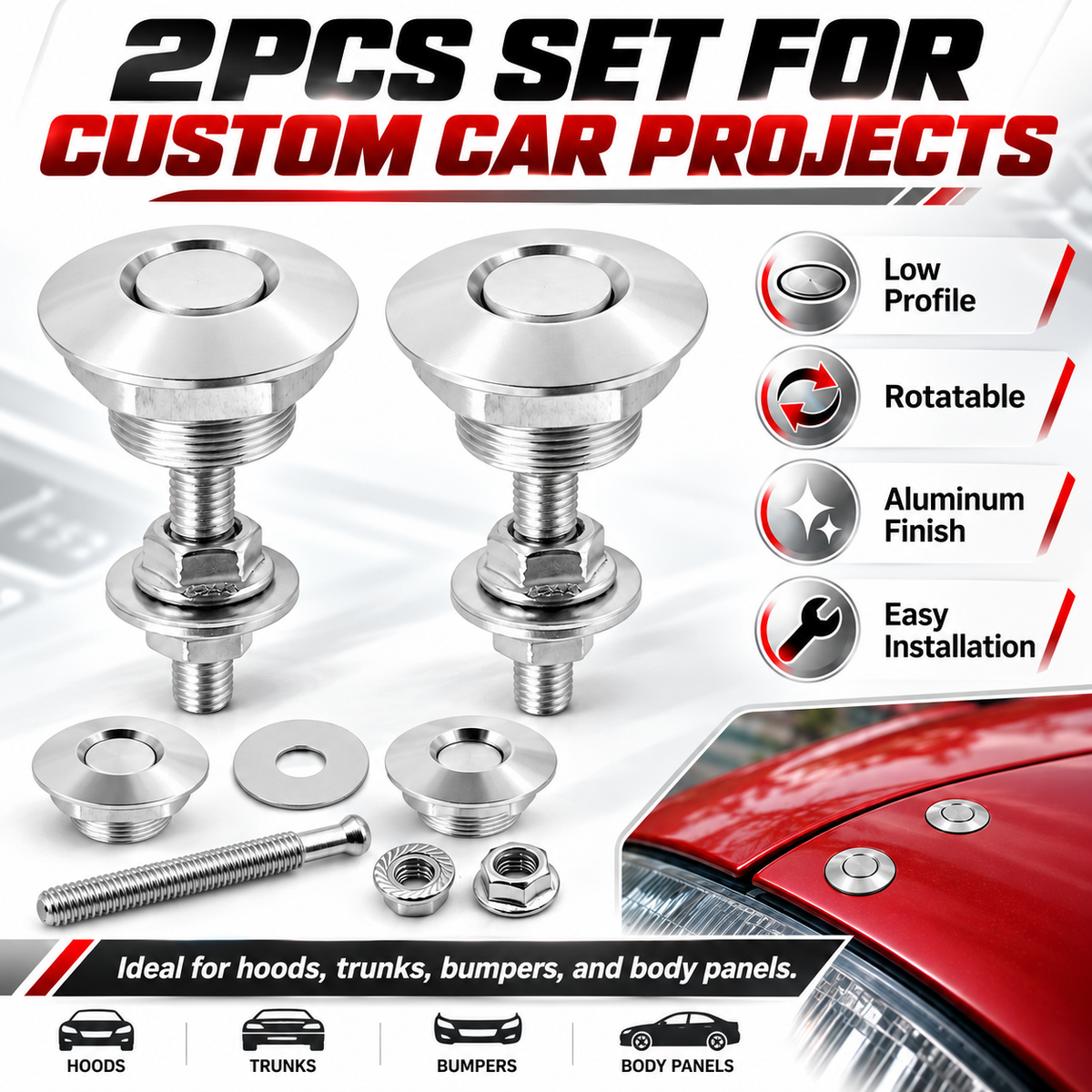🔧 2PCS Quick Release Hood Pins 🚗 Low-Profile Rotatable Metal Fastener Kit