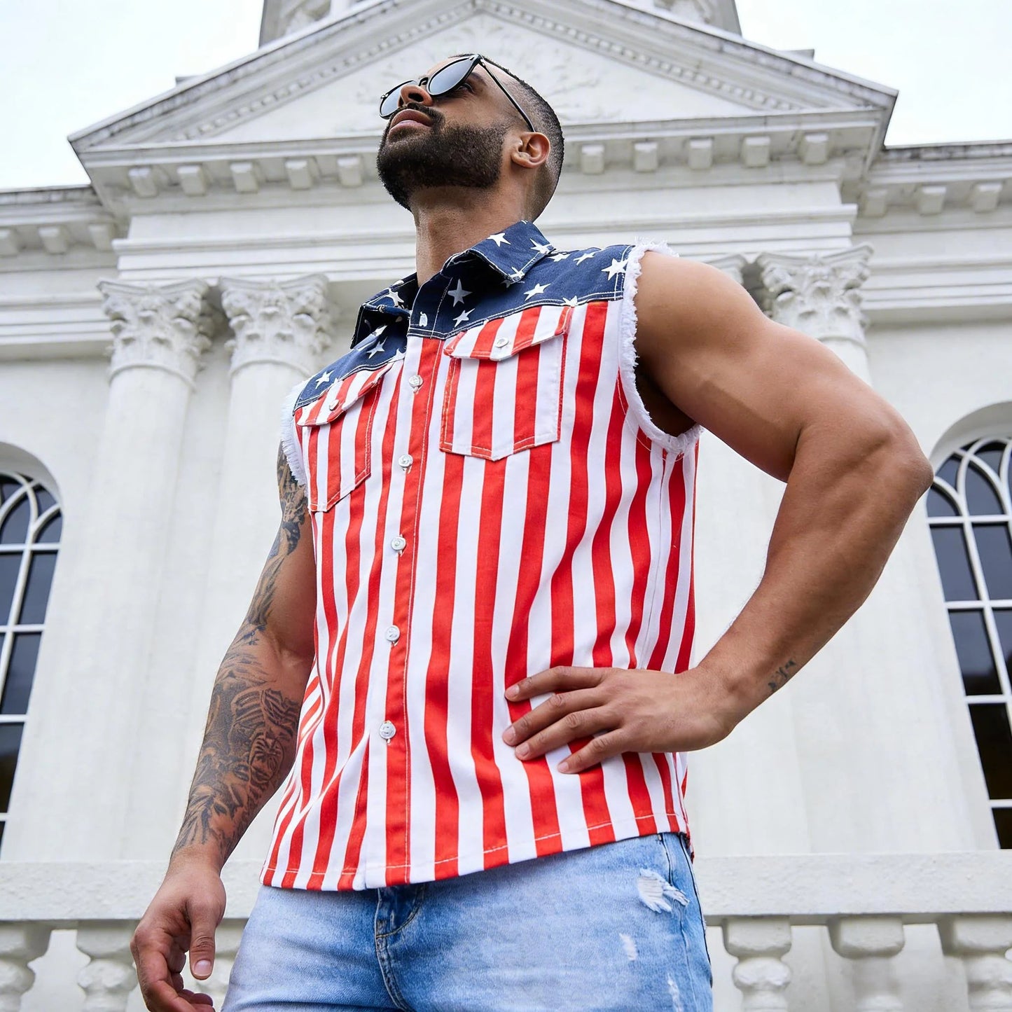 ⚡Hot Sales 49% OFF🔥Men's American Flag Denim Vest - 4th of July Patriotic Casual Sleeveless Jacket