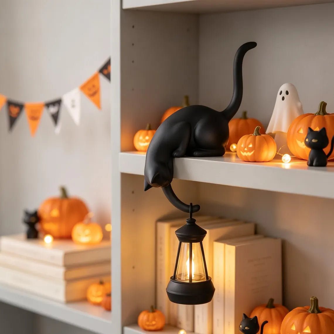 🐈‍Whimsical Cat Shelf Sitter with LED Lantern – Cute Bookshelf Decor & Handy Key Hook