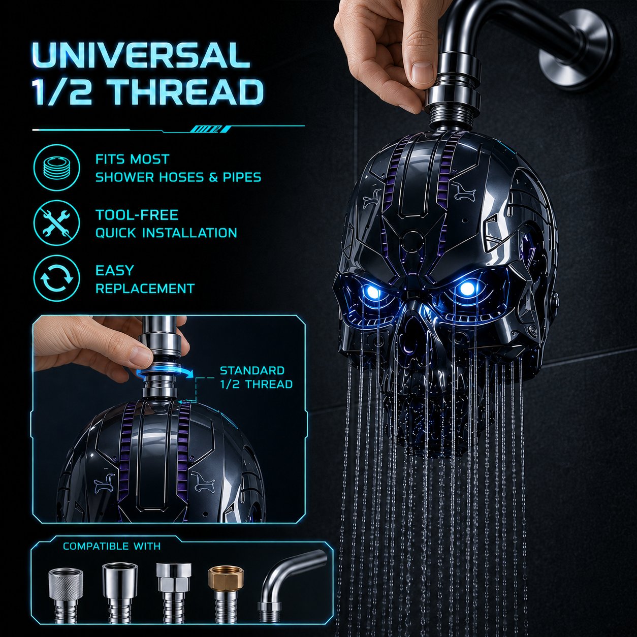 Cyber Mecha Skull Color Changing LED Pressure Boost Shower Head