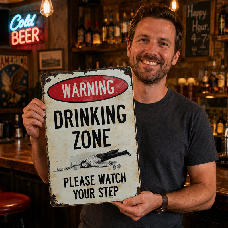Funny Warning Drinking Zone Vintage Bar Metal Sign （2pcs）🍻🚧