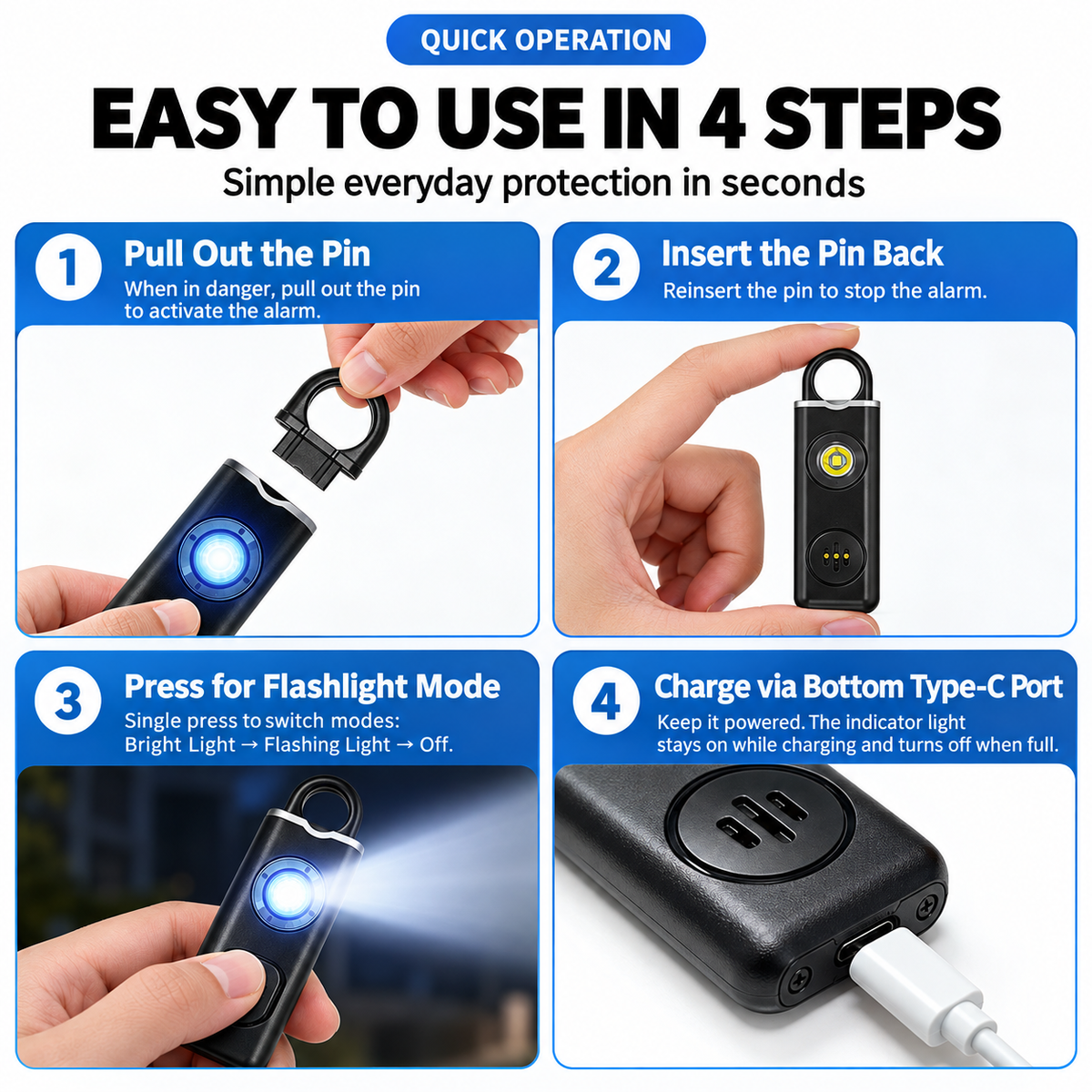 🚨 130dB Personal Safety Alarm 🔦 Rechargeable LED Emergency Alarm Keychain