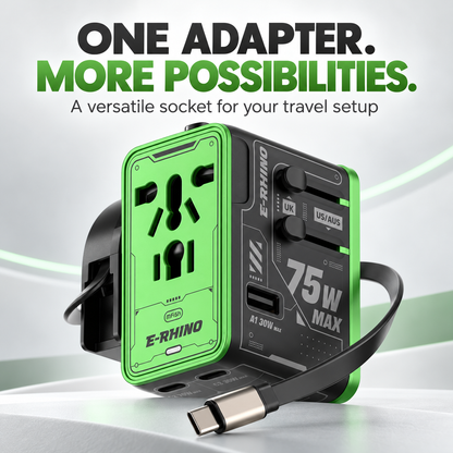 ⚡ 75W MAX All-in-One Travel Adapter – 5-Port Charging Hub with Built-In USB-C Cable 🌍🔌