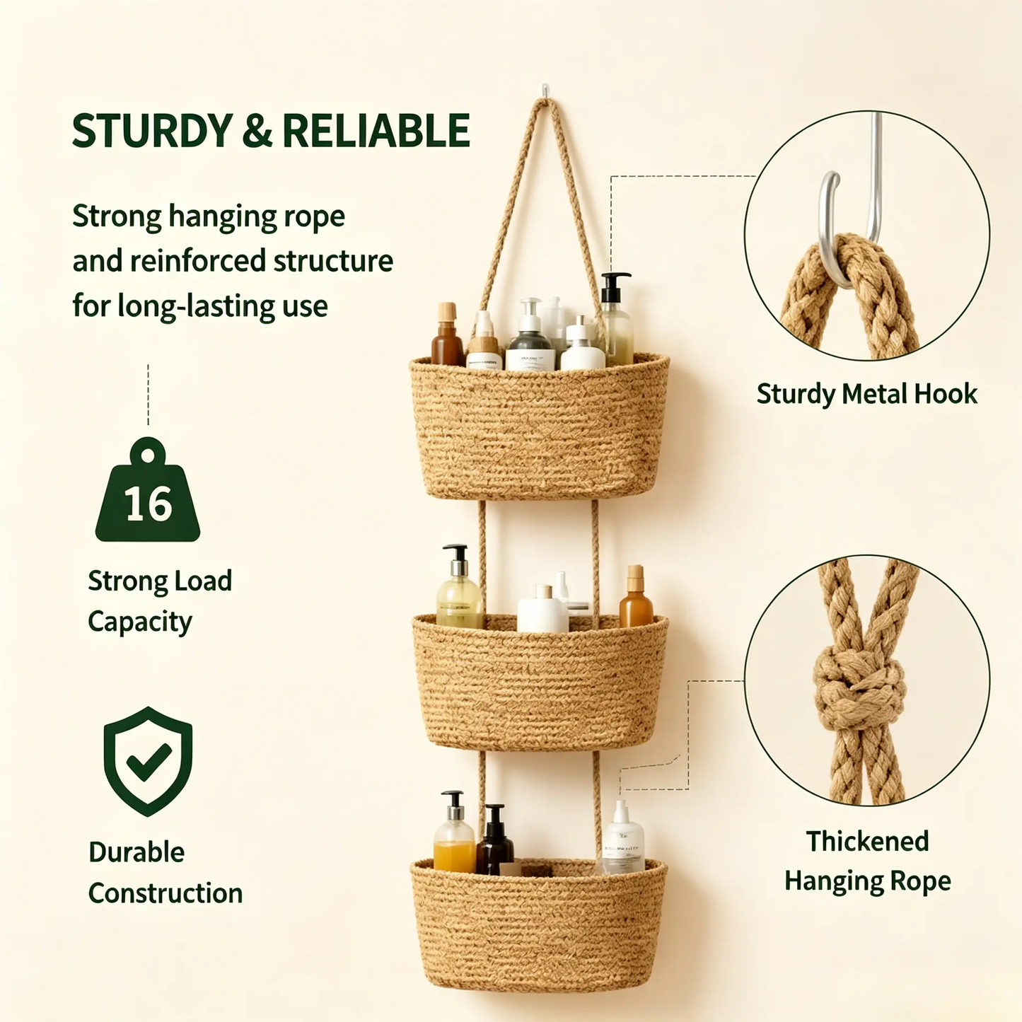 Woven cotton 3-Tier Over the Door Basket, Wall-Mounted Jute Bathroom Storage Organizer – Decorative Nursery Baskets