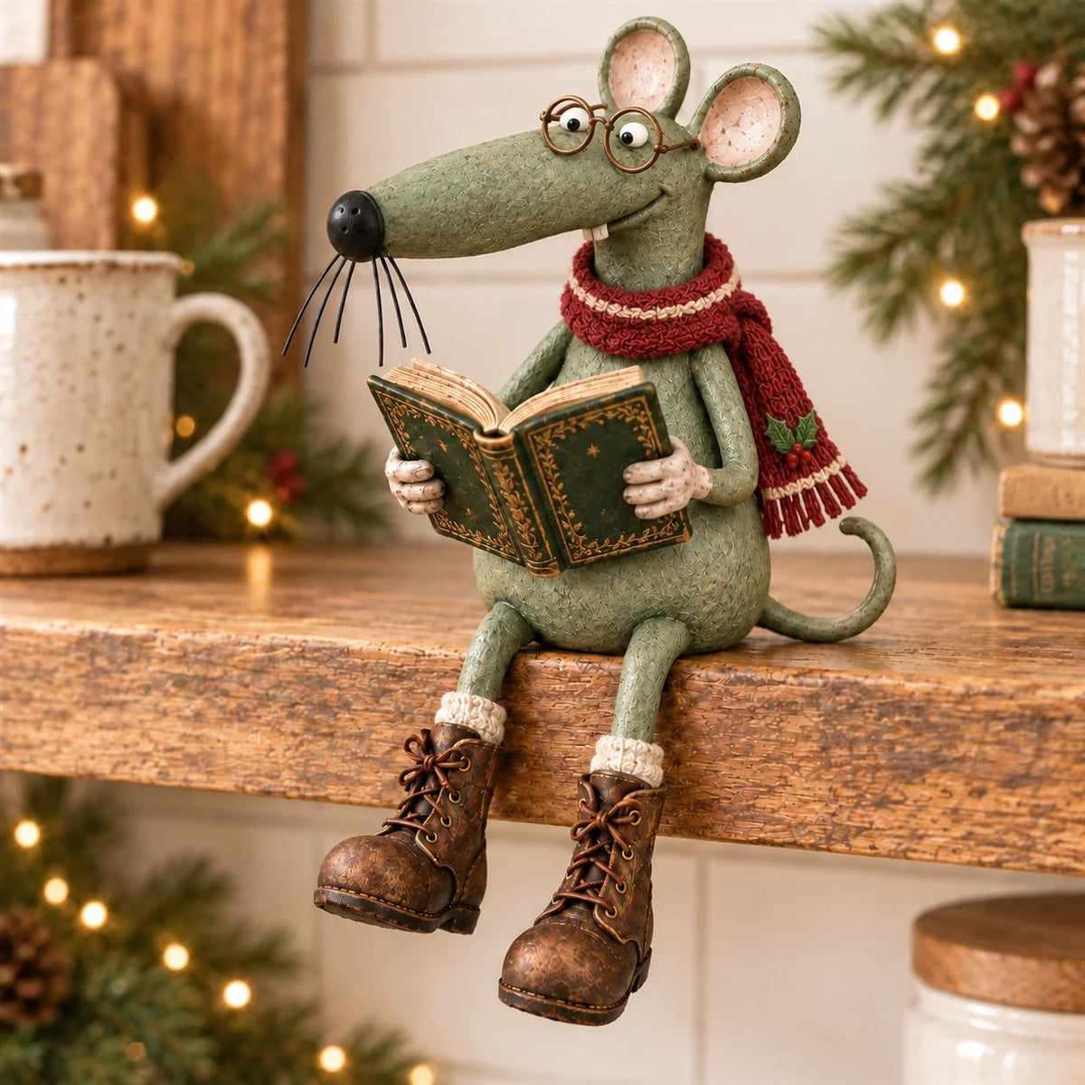 🐭📚 Whimsical Reading Mouse Shelf Sitter – Vintage Book Lover Figurine & Cozy Home Décor