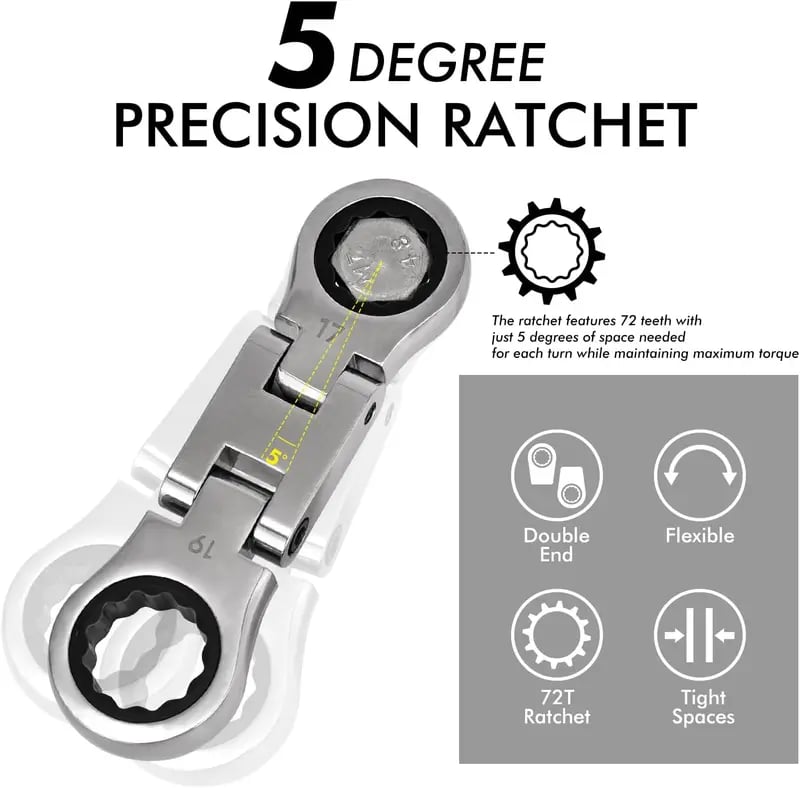 💯🛠️ 5-Piece Stubby Flex Head Ratchet Wrench Set | 72-Tooth Metric Mechanic Tools