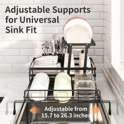 Foldable Over Sink Dish Drying Rack|Pull-Out 2-Tier Dish Drainer with Utensil Holder